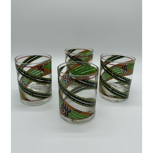Vntg Mid Century Modern 4 Cira Cora Rocks Glasses Southwest Green Orange Aztec - Picture 4 of 6